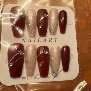 Burgundy Heart Accent Press On‎ Nail Art Extra Short Coffin Nails